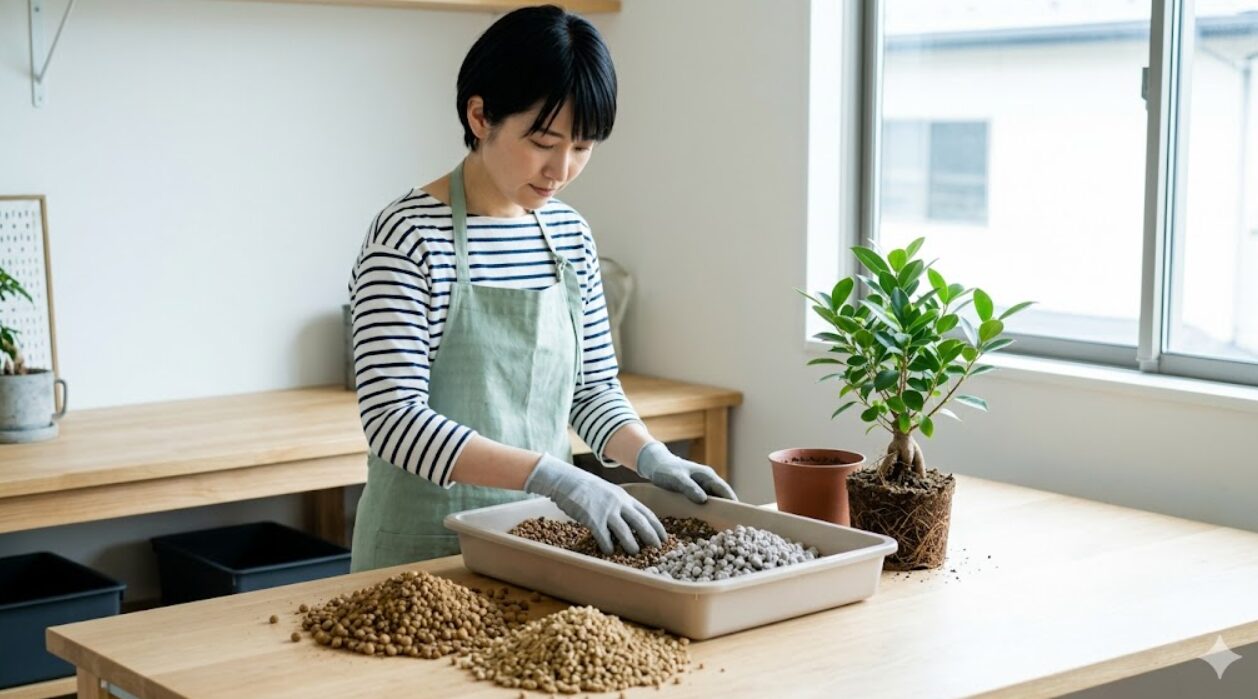 ガジュマルの植え替えのために、赤玉土、鹿沼土、軽石などの無機質な土をブレンドする日本人女性。