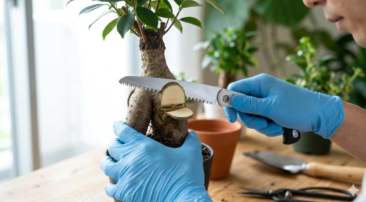 ガジュマルの幹のブヨブヨになった腐敗部位を胴切りで切り離し、健康な断面を出す作業