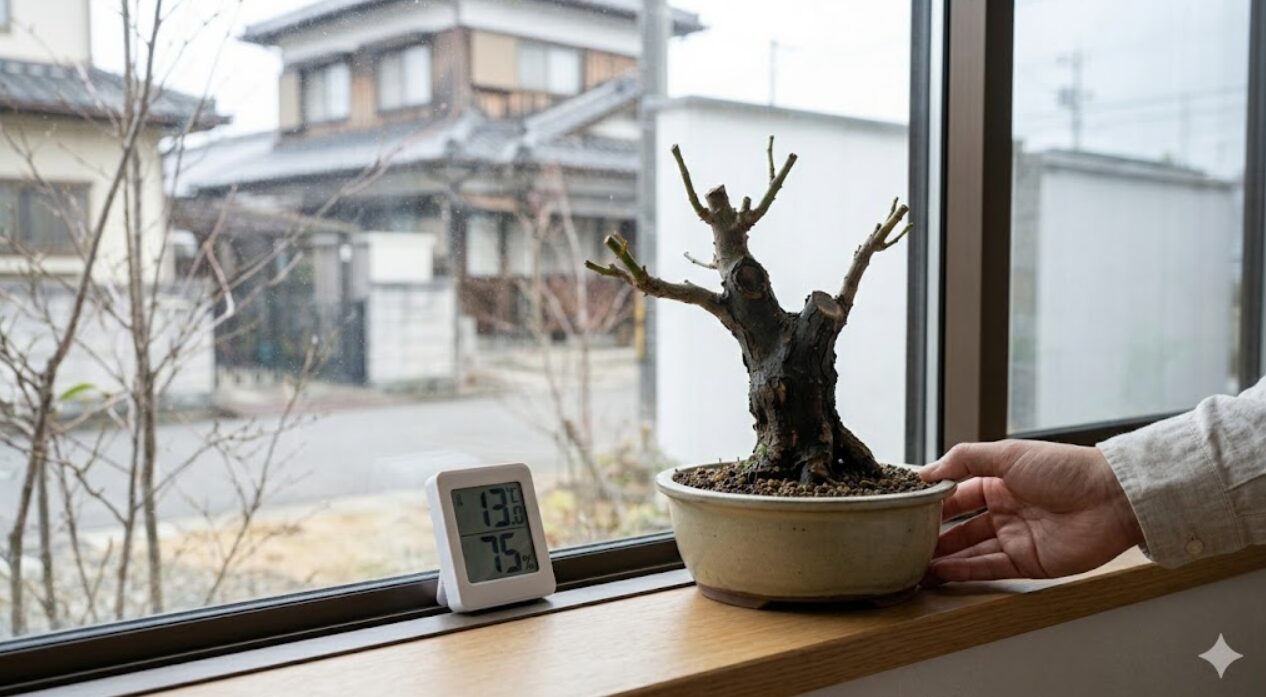 窓辺に置かれた、丸坊主後のガジュマルの鉢植え。窓の外には、日本の冷涼な季節の風景。窓の外に置かれた温度計が13℃を示しており、芽吹きに必要な温度が足りない環境であることを表している。
