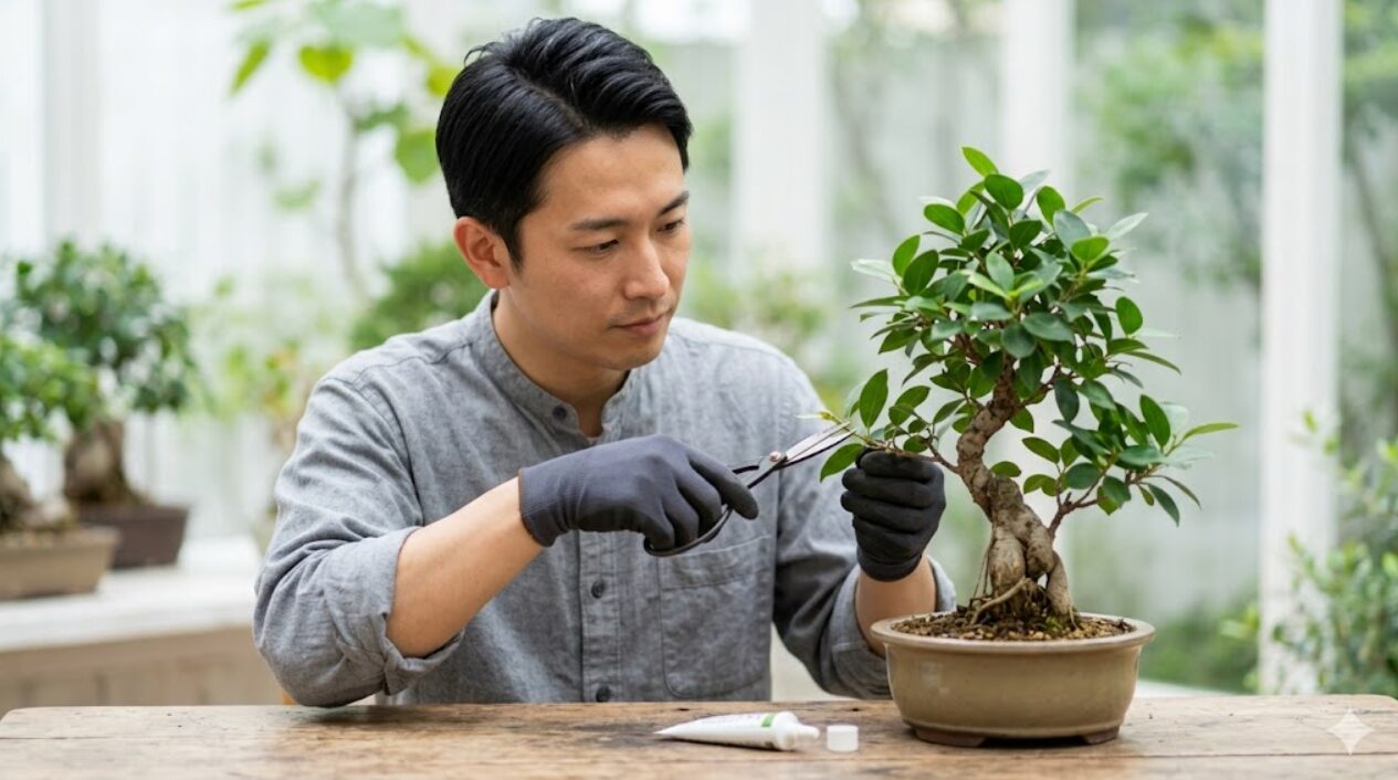 園芸用手袋を着用し、ガジュマルの盆栽を三角形の樹形に剪定する日本人の男性。テーブルには剪定鋏と市販の癒合剤が置かれている。