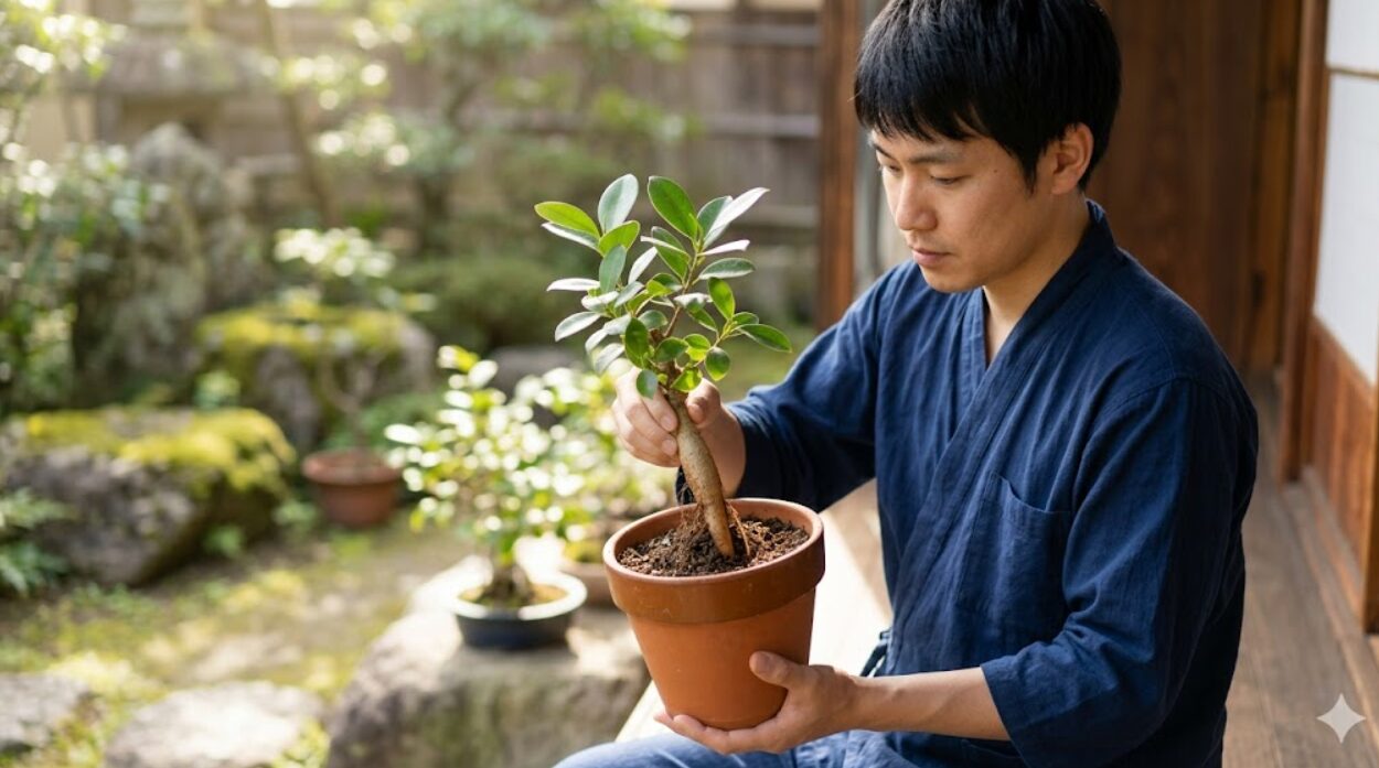 実生のガジュマルを育てる日本人男性が、鉢の土を掘り、種から育った株だけが持つ太い主根（直根）の構造を確認している様子。ガジュマルの実生の見分け方のポイントを示す画像。
