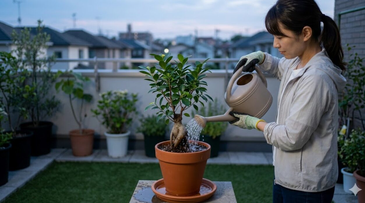 植え替え直後のガジュマルに、鉢底から水が流れ出るまでたっぷりと水を与える日本人女性。水やりが根と土の隙間を埋める役割を果たしている。