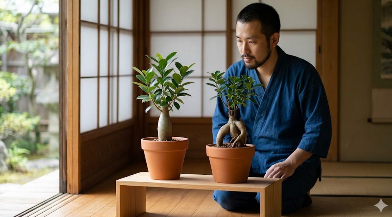 和室の棚で、実生ガジュマル（左、末広がりの自然な幹）とニンジンガジュマル（右、人参のような奇抜な形の根）の鉢植えを、日本人男性が並べて形状の違いを丁寧に観察している様子。