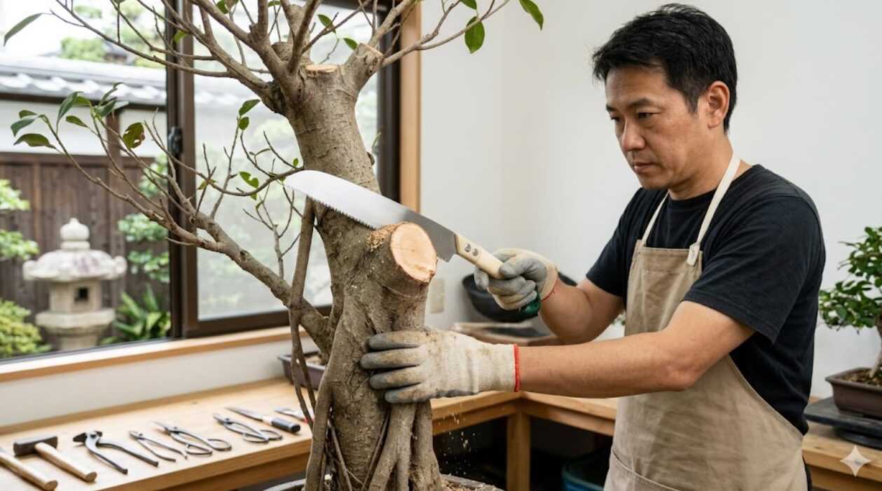 日本人の男性が自宅で、上部が枯れたガジュマルの幹を清潔なノコギリで「胴切り」し、再生を試みている様子。