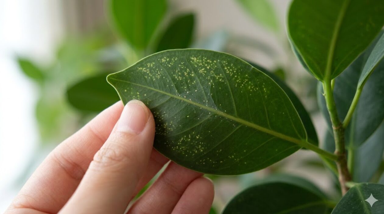 ガジュマルの葉裏を観察する日本人の手。ハダニによる白い斑点とごく細かい糸が確認できる。