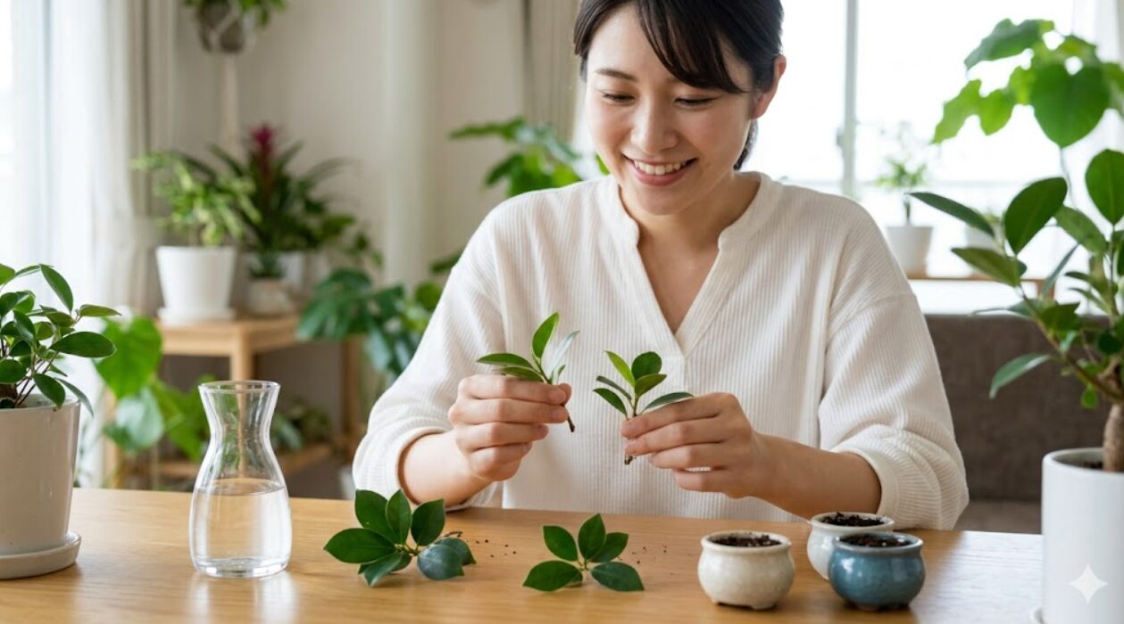 剪定で出たガジュマルの枝を使い、挿し木で新しい苗を作る日本人の女性。