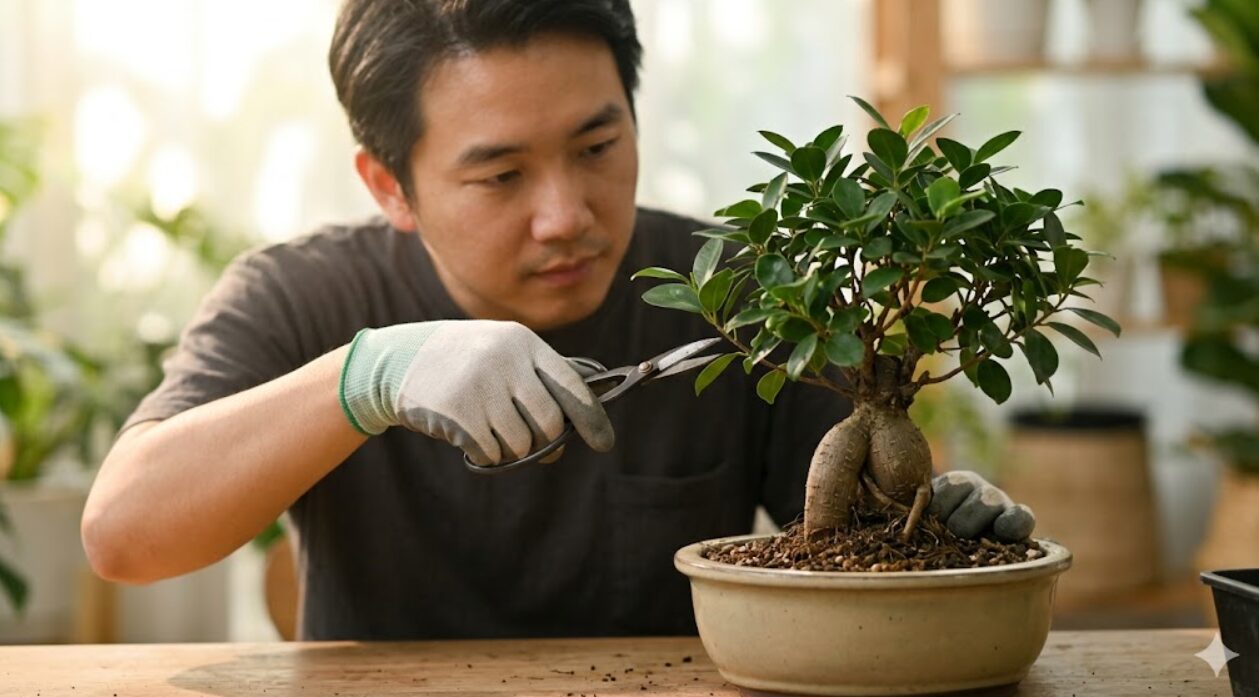 植え替え後にガジュマルの枝葉を剪定する日本人男性。根を切り詰めた分、地上部もカットしてバランスを整えている。