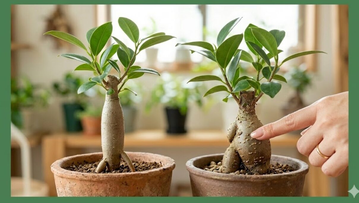 明るい日本の住宅のリビングで、日本人女性が、複数のガジュマルの鉢を前に、その実生と接ぎ木の違いに注目している様子。片方の鉢の、実生特有の太く滑らかな主根（直根）を指し示している。ガジュマルの実生の見分け方のコツを伝える画像。