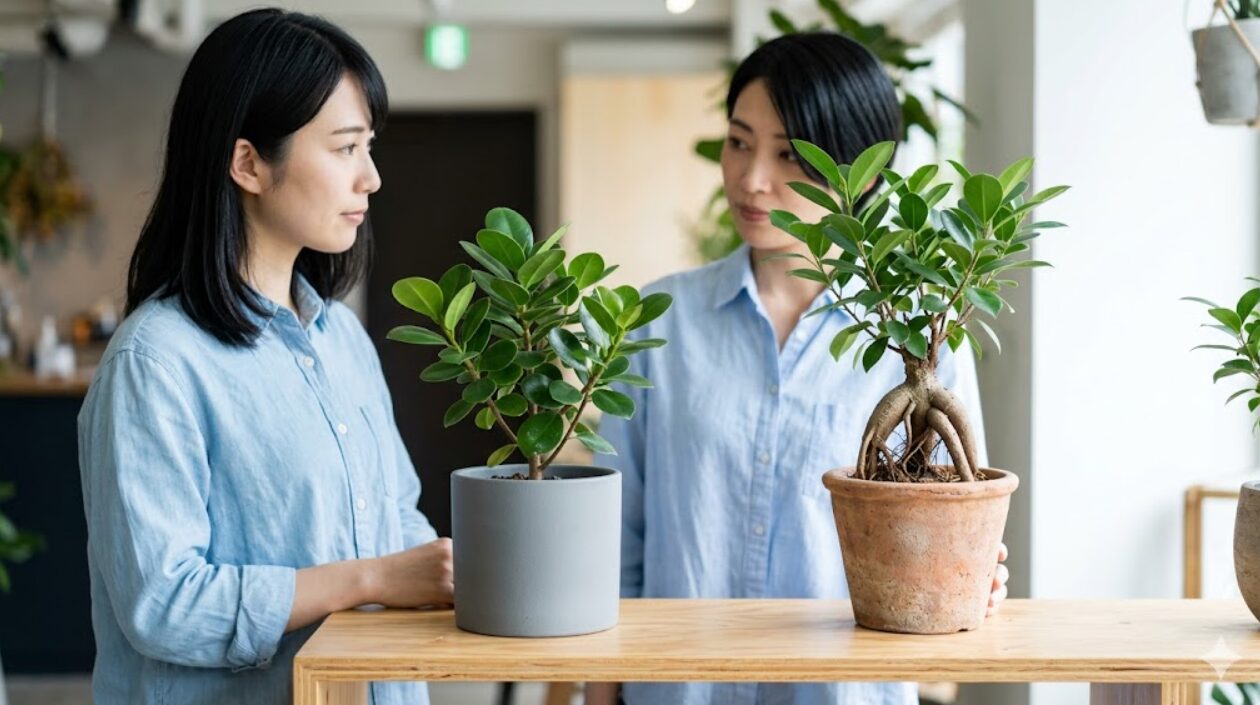 観葉植物店で、丸い葉のパンダガジュマル（左・グレー鉢）と、一般的なニンジンガジュマル（右・テラコッタ鉢）の樹形と葉の形を比較する日本人の女性。