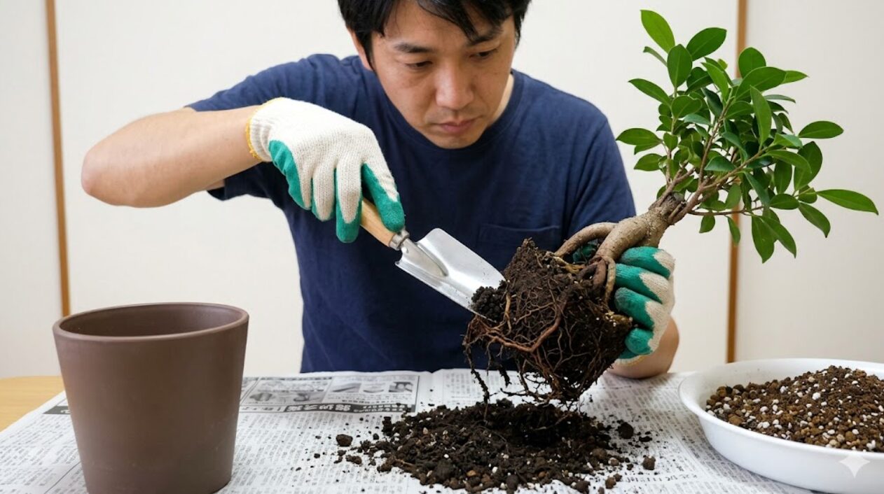 日本人の男性が自宅で、根腐れが疑われるガジュマルの盆栽を鉢から抜き、古い土を落として根の状態を注意深く観察している様子。