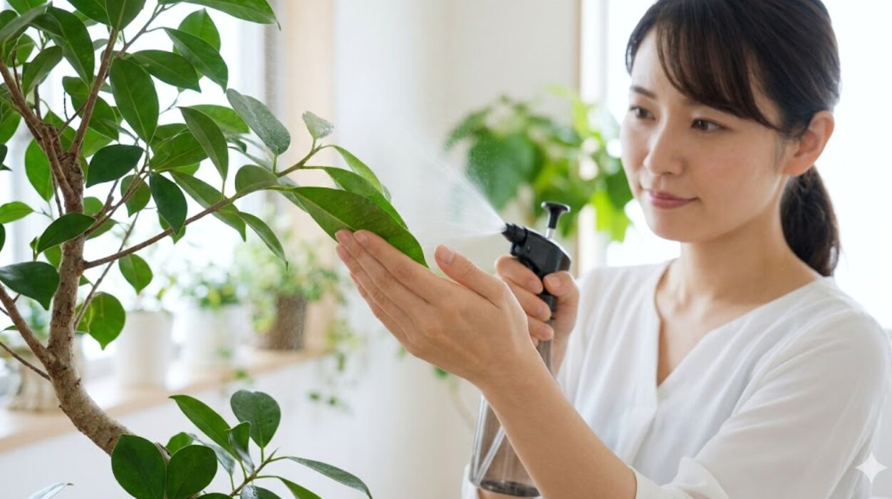 明るい室内で、ガジュマルの葉の裏側を狙ってしっかりと霧吹きをする日本人の女性。ハダニ予防のための効果的な葉水の仕方。