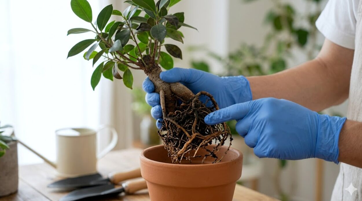 ガジュマルを鉢から抜き、黒く腐敗した根と健康な根の境界を確認する様子