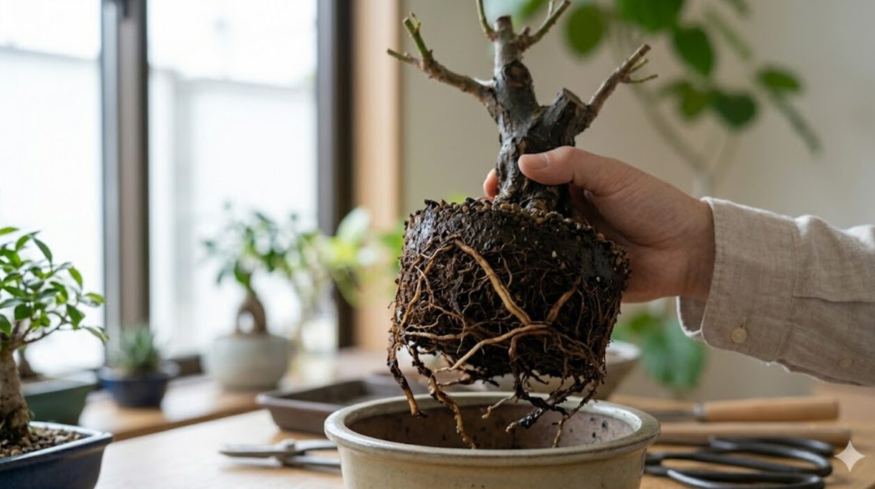 鉢から抜かれた、根腐れを起こしたガジュマルの根。日本人男性の手が、黒く変色してブヨブヨになった根を確認している。土は湿りすぎている。