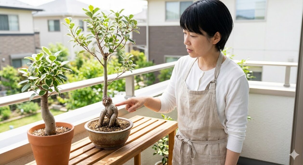 明るい日本の住宅のベランダで、日本人女性が、鉢植えの「接ぎ木」パンダガジュマルの株元にある不自然なコブ（接ぎ木痕）を指し示している。その隣には、なめらかな幹の実生パンダガジュマルが置かれている。