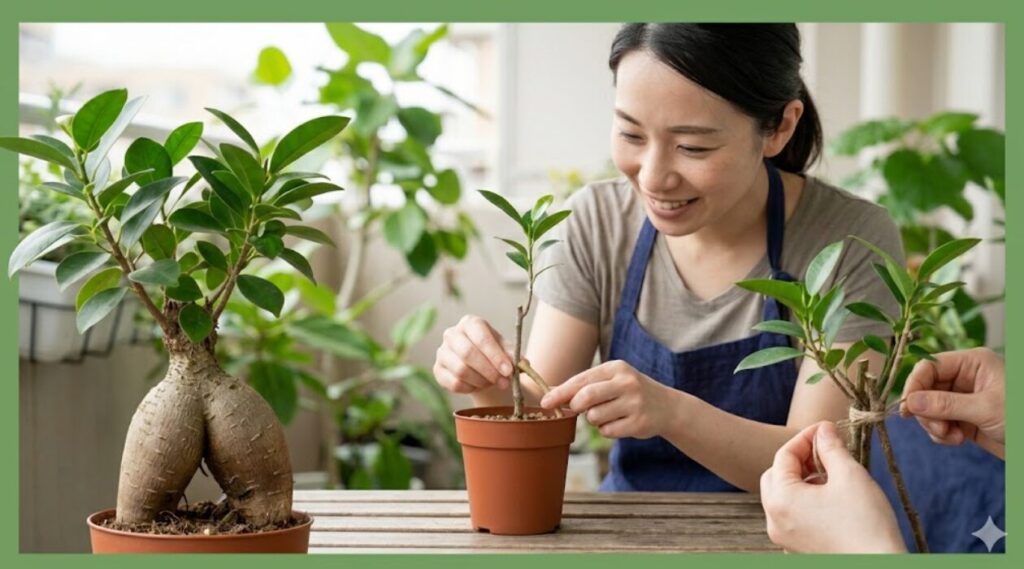 ガジュマルの挿し木苗（左）と、その育て方によって太くたくましく成長した理想的な姿（右）を、日本人の女性ガーデナーが実践的に手入れをして見せているアイキャッチ画像。