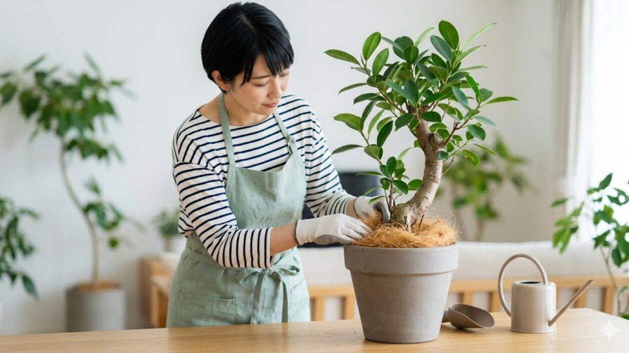 ガジュマルの鉢植えの土の表面を、清潔なココヤシファイバーでマルチングする日本人女性。