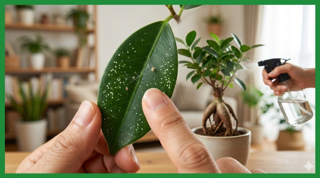 ガジュマルの健康を保つために、日本人男性が霧吹きで葉水をするアイキャッチ画像。