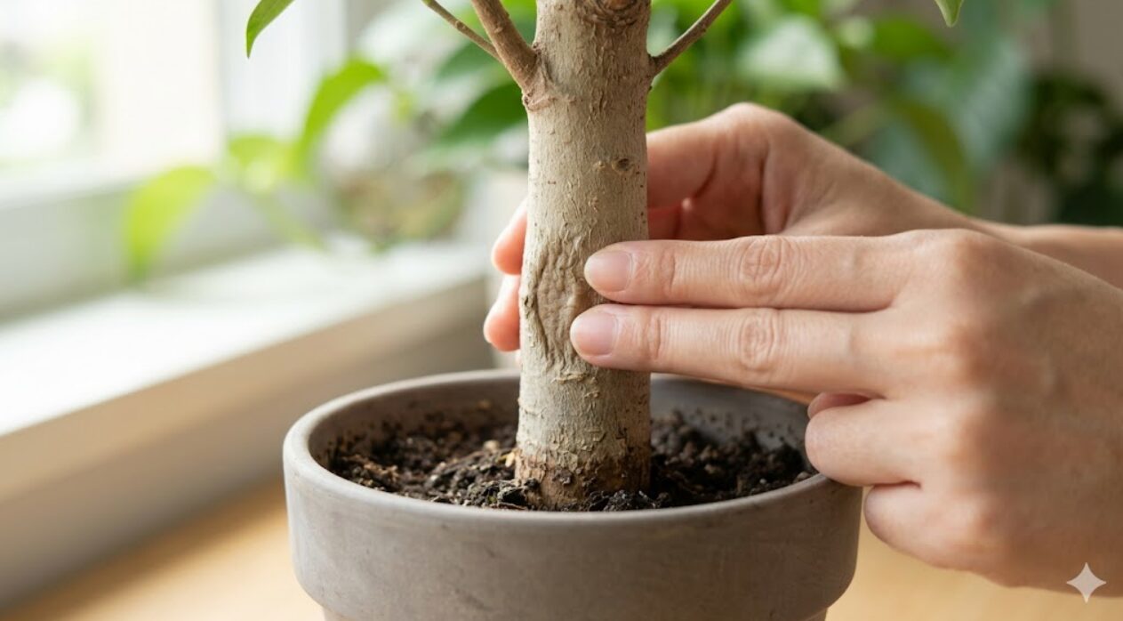 ガジュマルの幹を指で押してブヨブヨとした柔らかさを確認する、根腐れの兆候を示す様子