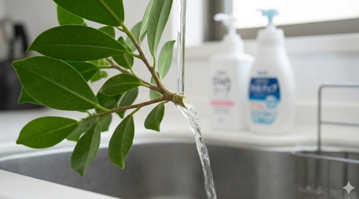 ガジュマルの枝の切り口を、清潔な台所のシンクでぬるま湯の流水ですすぐ様子。白い樹液をしっかりと洗い流している。