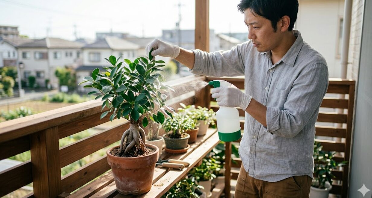 ガジュマルの葉にスプレータイプの薬剤を散布する日本人の男性。手袋を着用し、風通しの良い場所で作業している。