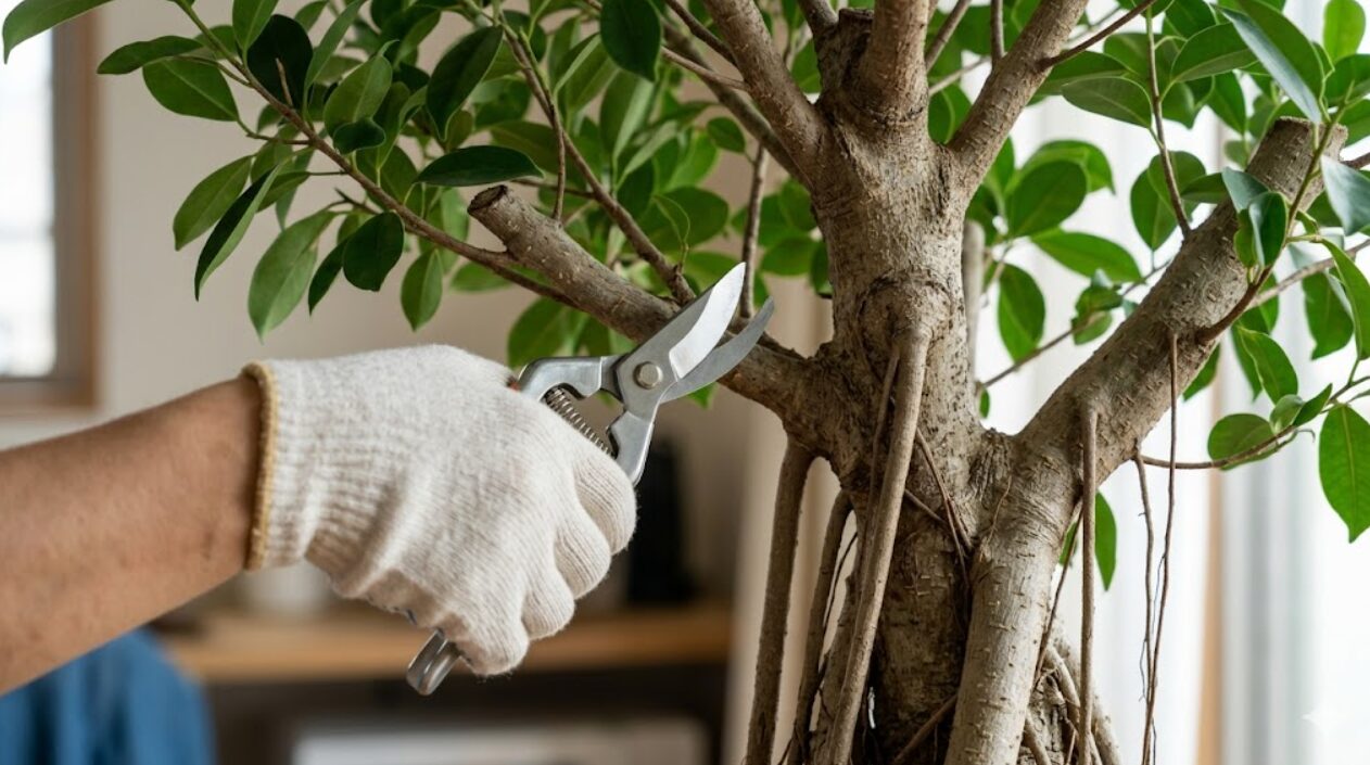 清潔な剪定バサミを手に、ガジュマルの枝をカットしようとする日本人の手元。