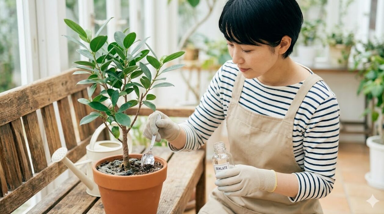 ガジュマルの鉢植えの表面のカビた土をスプーンで削り取り、殺菌剤（ベンレート）を準備する日本人女性。