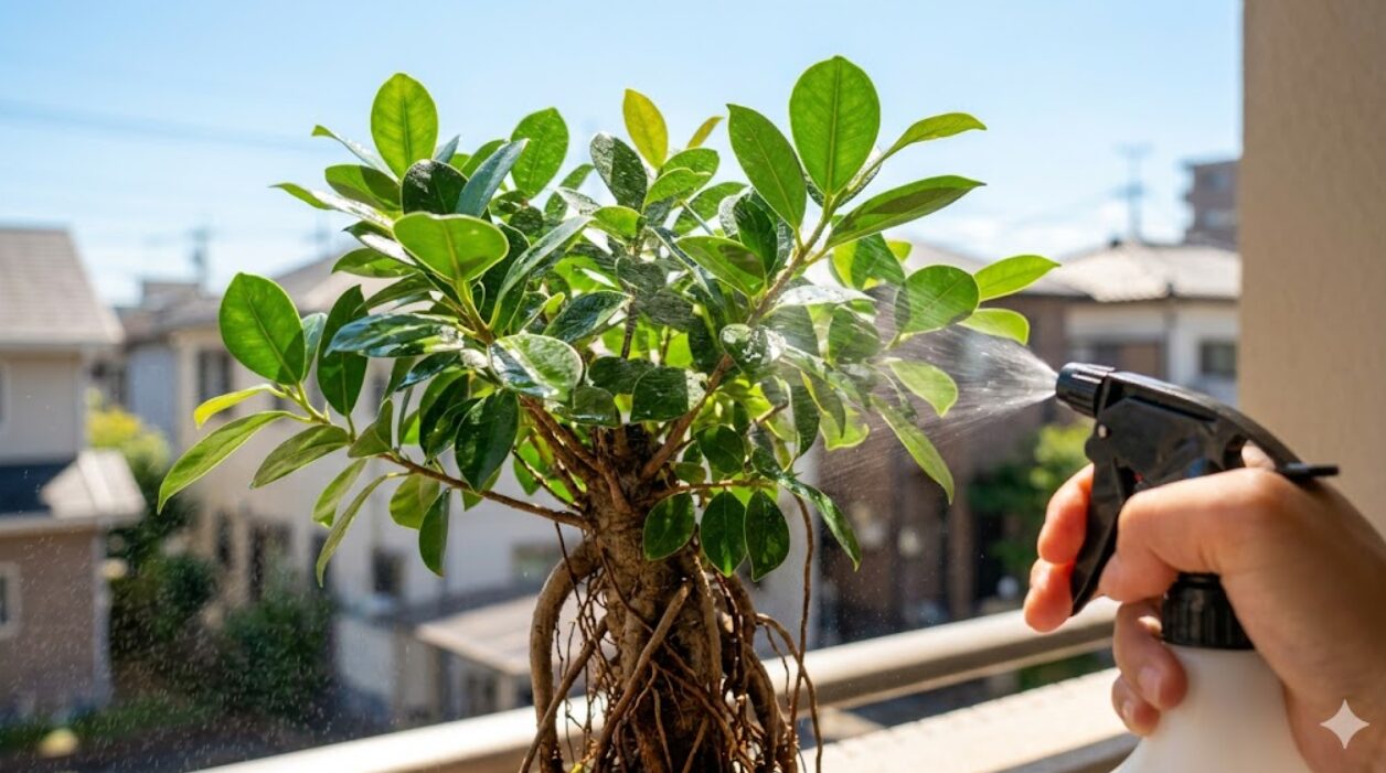 夏の強い日差しの中、ベランダでガジュマルの葉と気根にたっぷりと霧吹きをする様子。気化熱による冷却効果を狙う