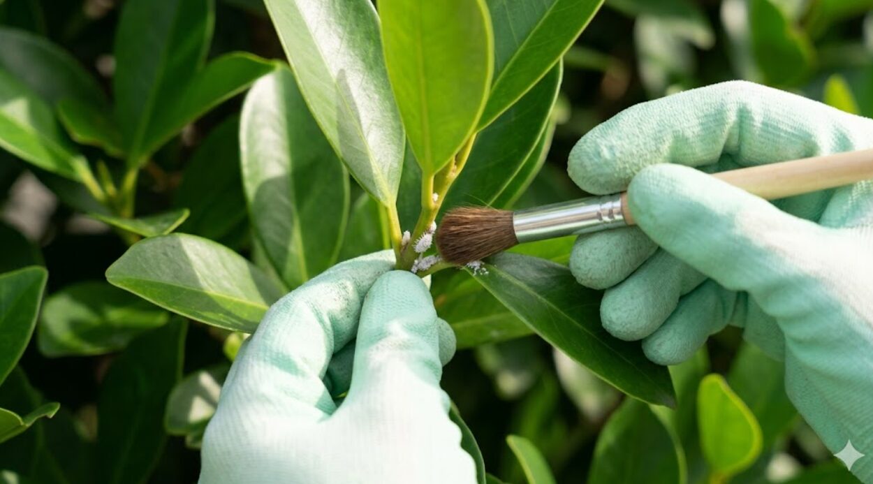 ガジュマルの葉の付け根に付着した白いコナカイガラムシを、ブラシで優しく取り除く様子。