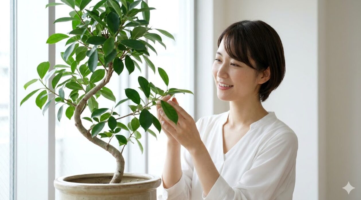 自宅の窓際で、元気に育ったガジュマルの葉に優しく触れる日本人の若い女性。