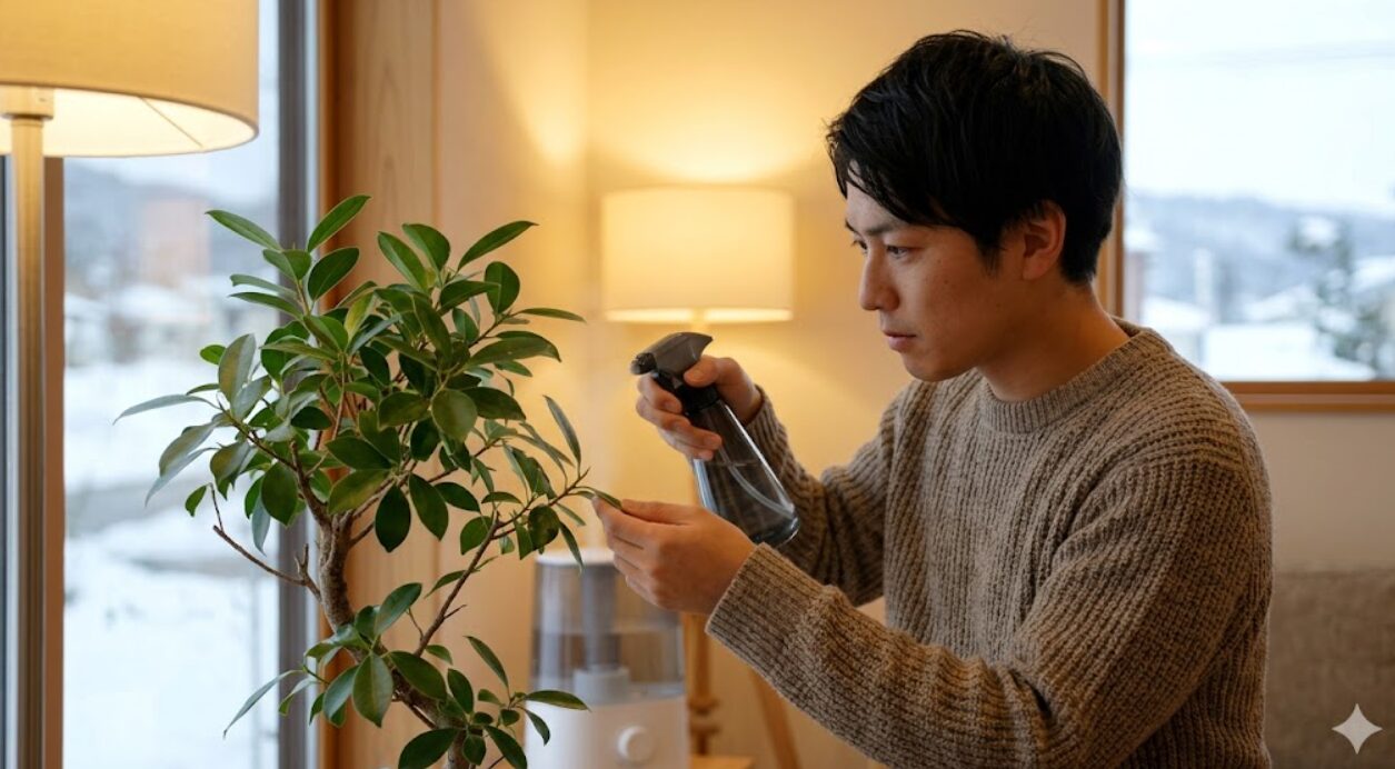 冬の暖かい室内で、ガジュマルに常温の水で霧吹きをする日本人の男性。暖房による乾燥から葉を守る保湿ケア。