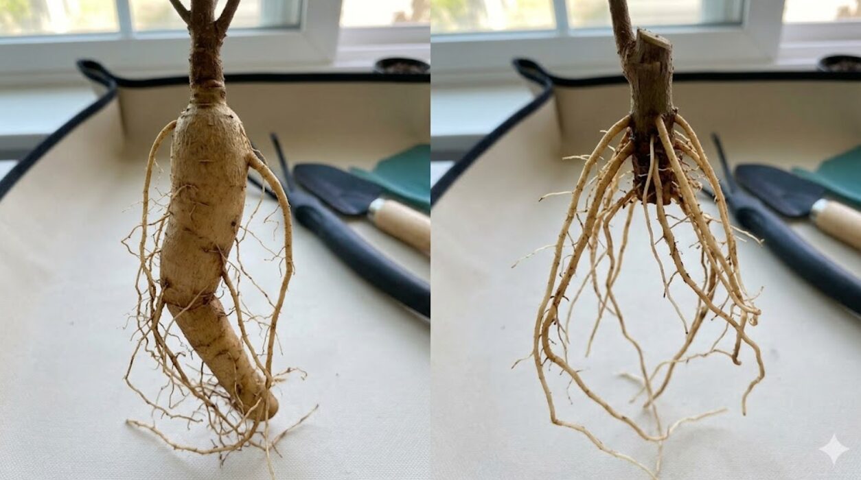 実生苗の太い主根（左）と、挿し木苗の細く多数伸びる不定根（右）の根系の違い。