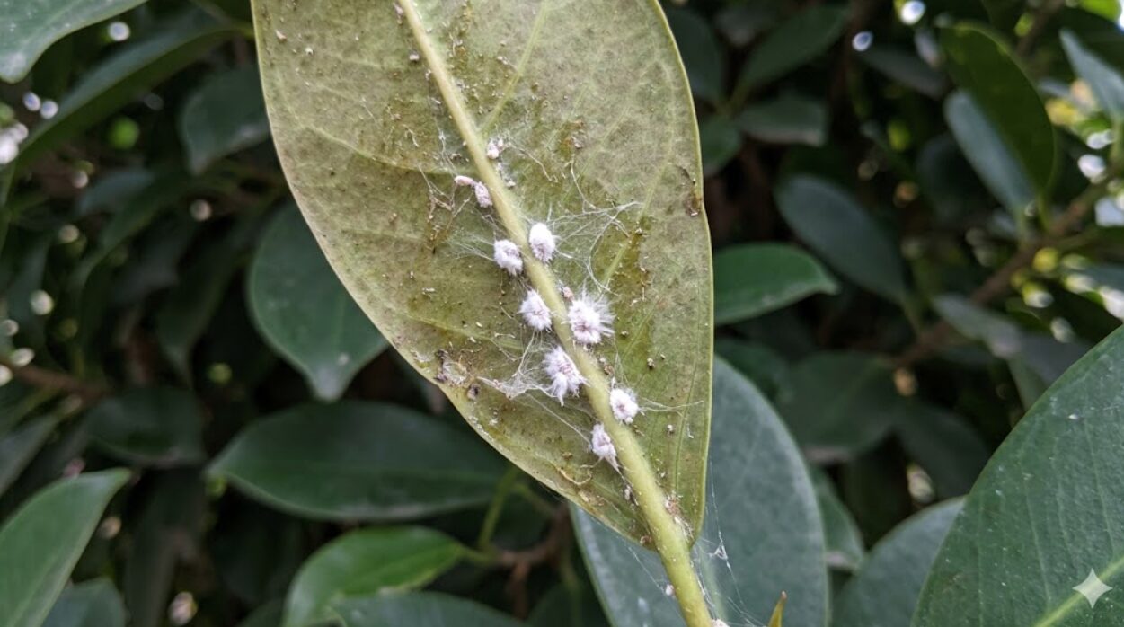 ガジュマルの葉の裏に密集するカイガラムシとハダニの被害。