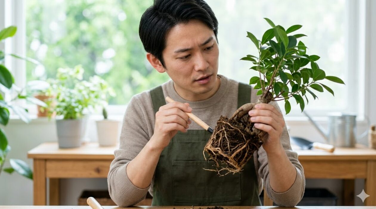 ガジュマルの根を注意深く観察し、根腐れの診断を行う男性。元気がない株の原因を特定する様子。