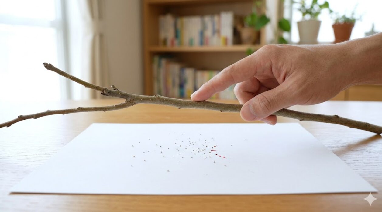 ガジュマルの枝を白い紙の上で叩き、落ちた小さなハダニの動きと赤い潰れ跡を確認する白い紙テストの様子。