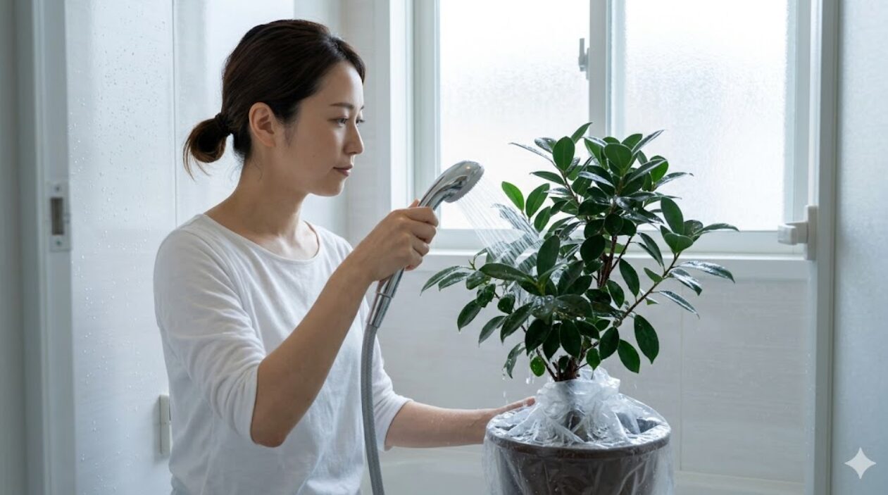 浴室でガジュマルの株全体をシャワーで丸洗いし、葉裏のハダニを物理的に洗い流す日本人の女性。土の流出を防ぐビニール袋も見える。