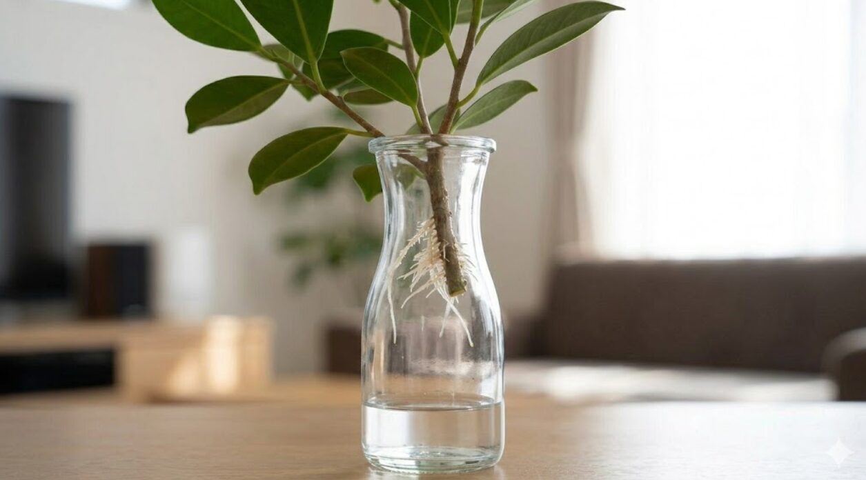 透明なガラス瓶に挿されたガジュマルの枝。水は切り口から数センチ下までに保たれ、水面上に白い元気な根が空気中で育っている。