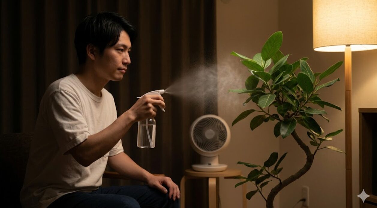 薄暗い夜の室内で、ガジュマルの周囲にミストを散布する日本人の男性。サーキュレーターを併用し、蒸れを防ぐ環境作りの工夫。