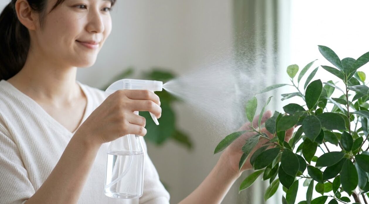 カジュアルな室内で、100均のミストスプレーを使い、ガジュマルの葉に細かな霧を吹きかける日本人の女性。手軽な葉面清浄の様子。