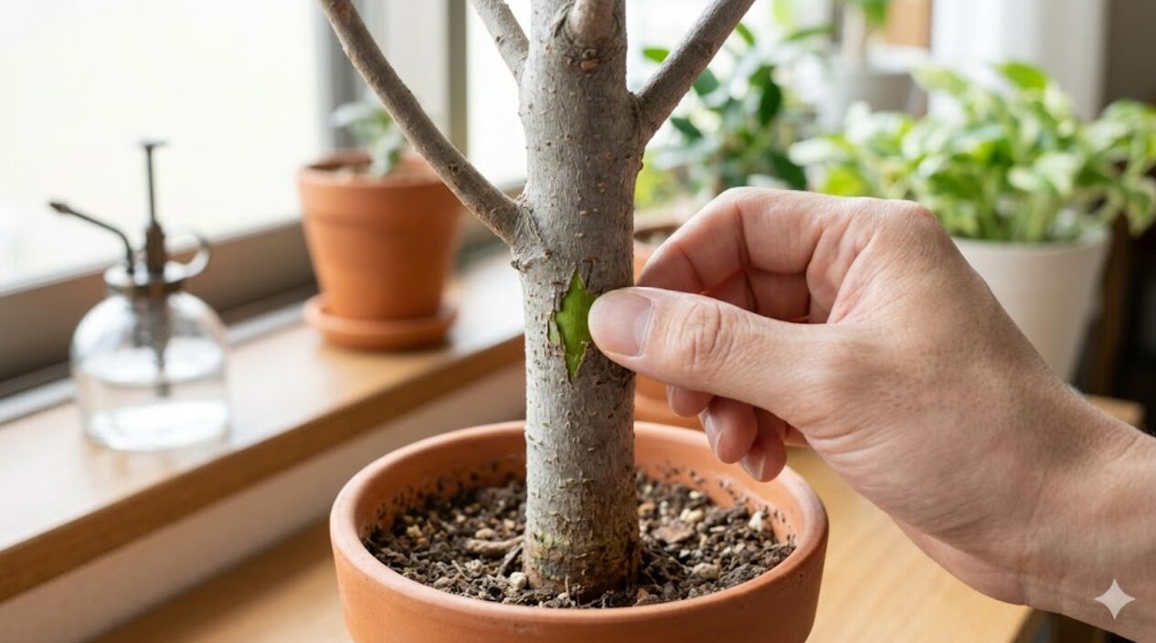 ハダニ被害で落葉したガジュマルの幹を爪で軽く引っ掻き、中の緑色を確認して生存を確かめる日本人の男性。復活への第一歩。