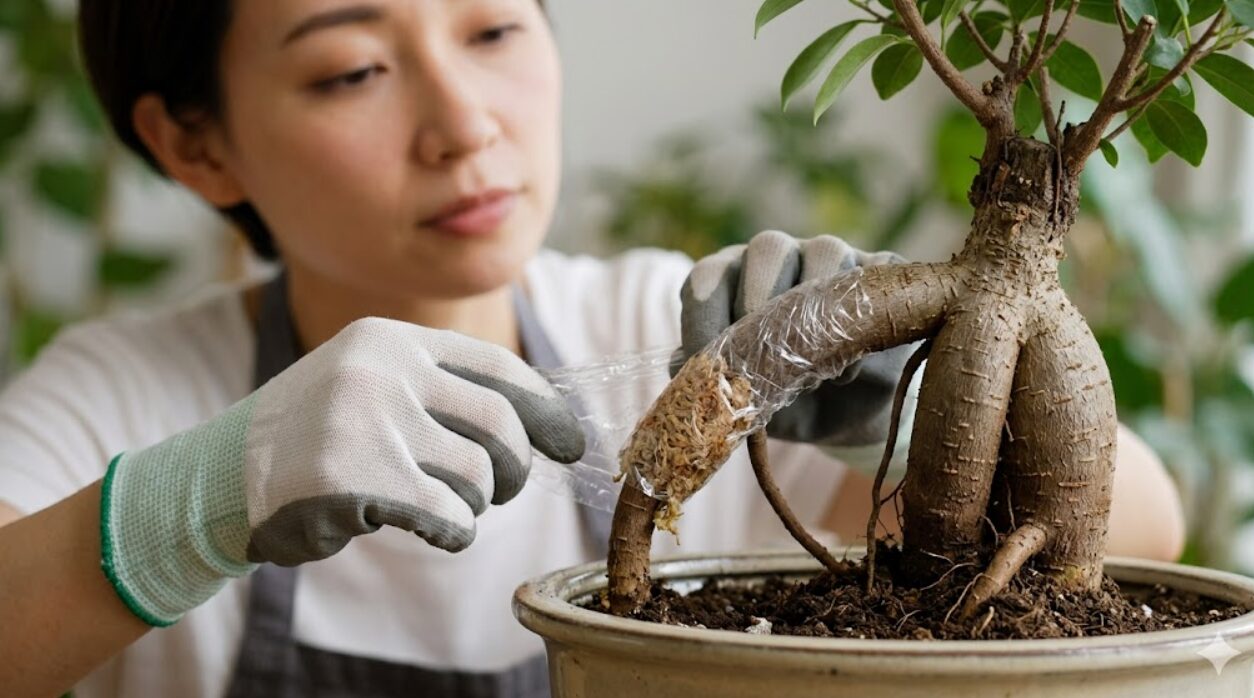 ガジュマルの気根を太くするため、水苔とラップで包む「ラップ法」を実践する日本人女性。