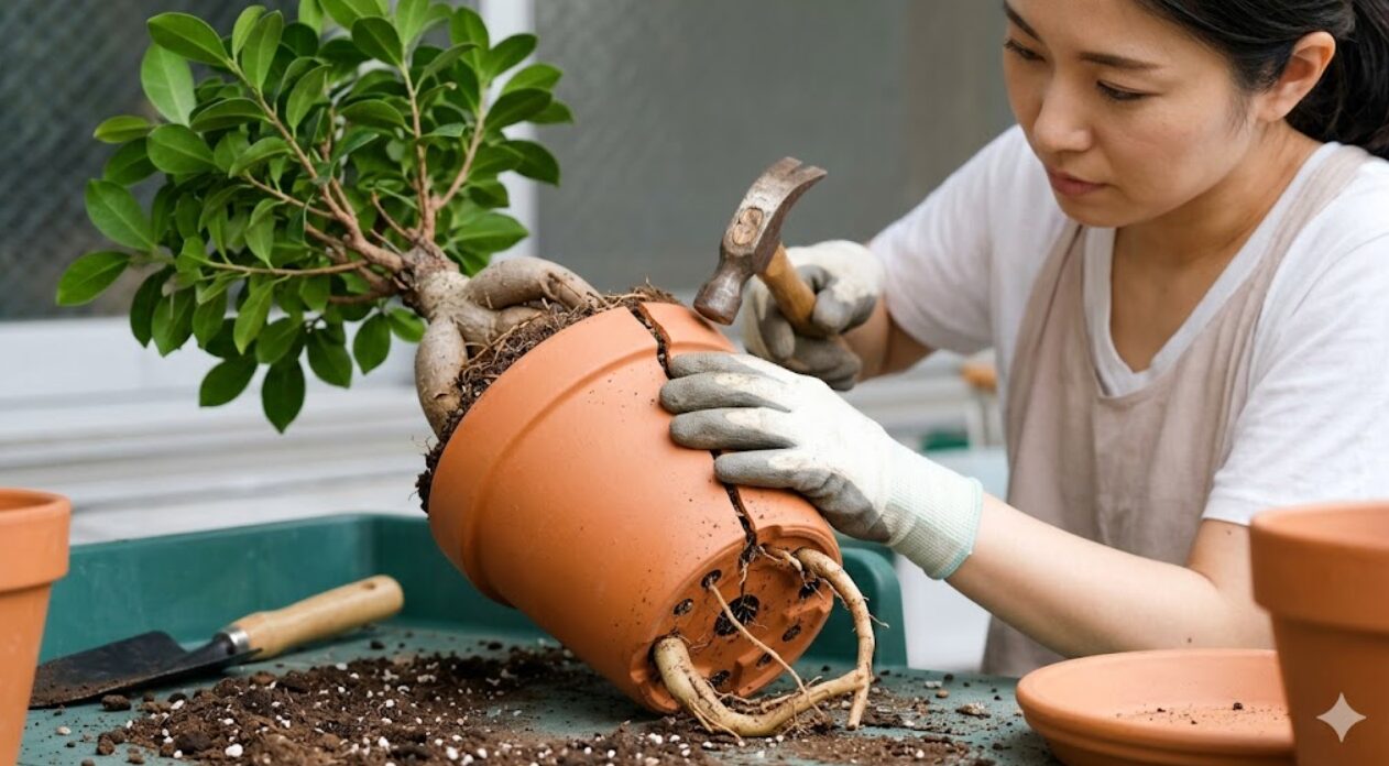 ガジュマルの根詰まりを解消するため、陶器鉢をハンマーで慎重に割る日本人女性。根が鉢底から突き出しているのが見える。